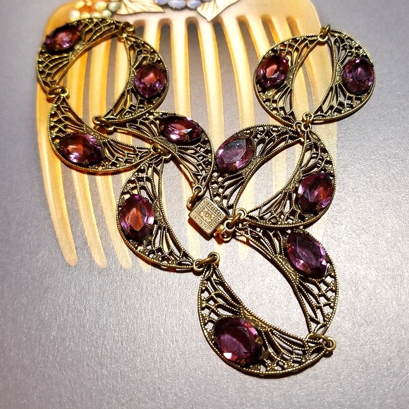 Antique Art Deco Filigree Purple Paste Stone Necklace - Picture 7 of 8